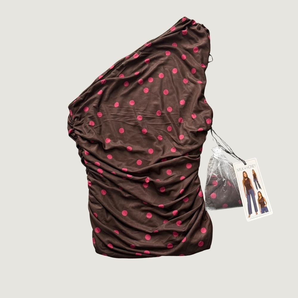 One Shoulder Top S Polka Dot Mesh Ruched Scarf Brown Pink Y2K Style
